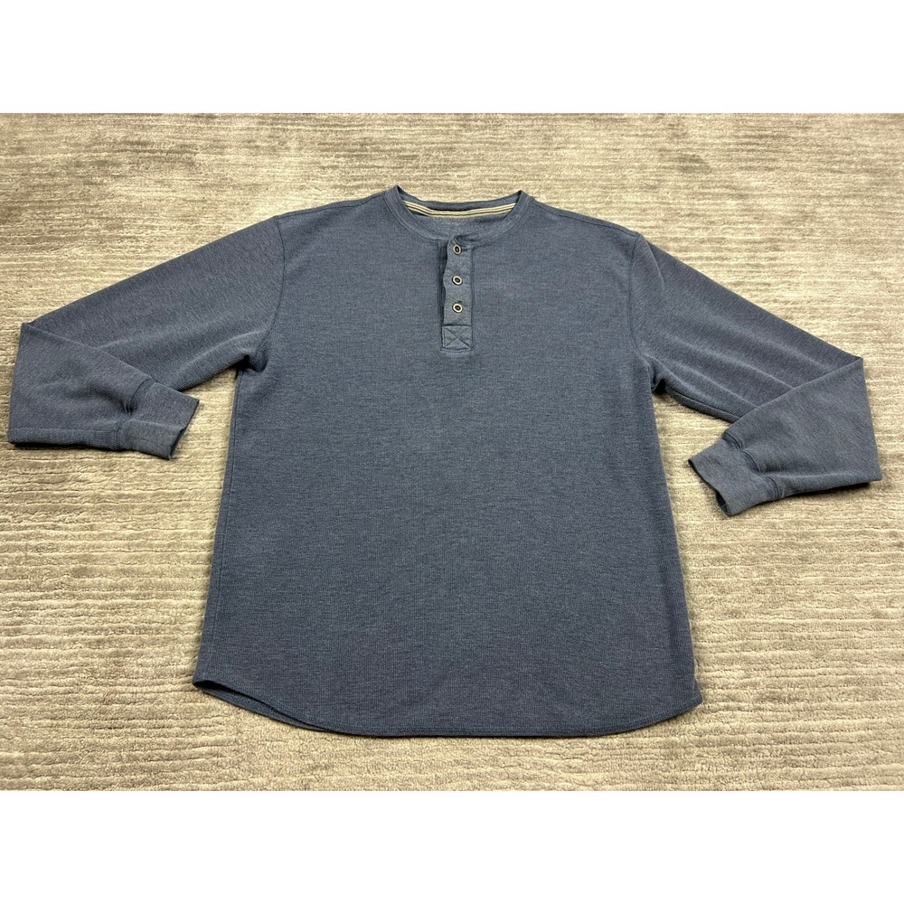 Unbranded Henley Mens Medium Blue Indigo Heather Waffle Knit Thermal Long Sleeve